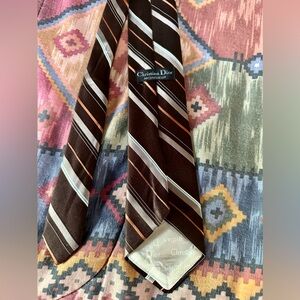 CHRISTIAN DIOR MONSIEUR Vintage Brown Diagonal Stripe Print Silk Tie